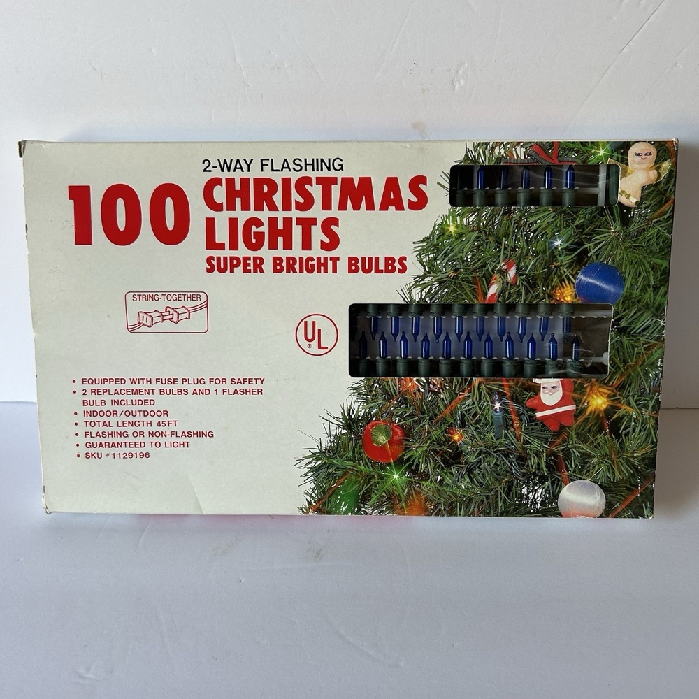 Vtg Builders Square 100 Christmas Lights Blue Two Way Flashing Super Bright
